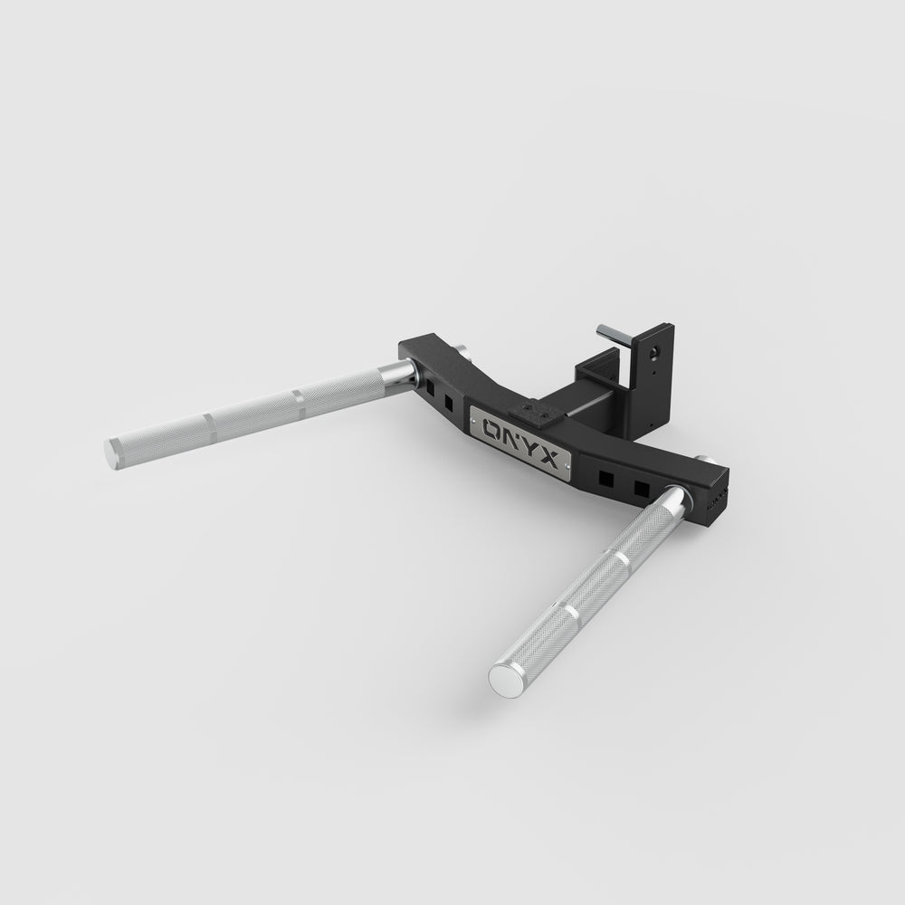 ONYX adjustable dip bar attachment with removable knurled steel handles and adjustable grip width for compatible gym racks.