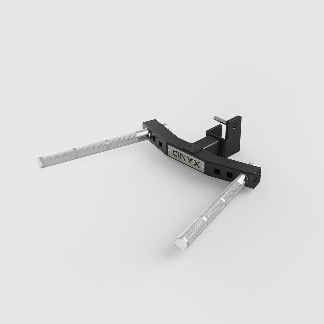 ONYX adjustable dip bar attachment with removable knurled steel handles and adjustable grip width for compatible gym racks.